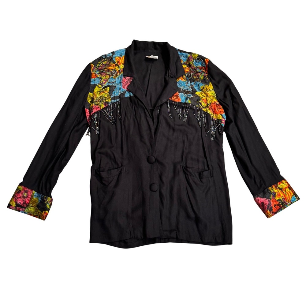 Surya 90s Vintage Black Rayon Floral Tapestry Beaded Fringe‎ Jacket Womens Large
